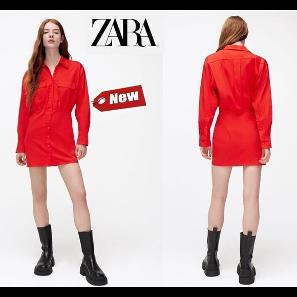 Zara red poplin shirt dress Sz M NWT - Picture 1 of 12
